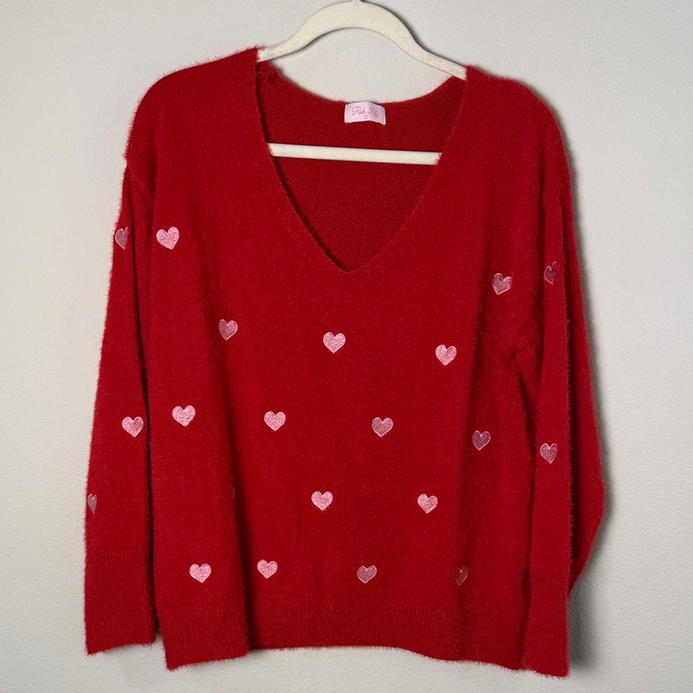 Pink Lily Red Heart V-Neck Sweater